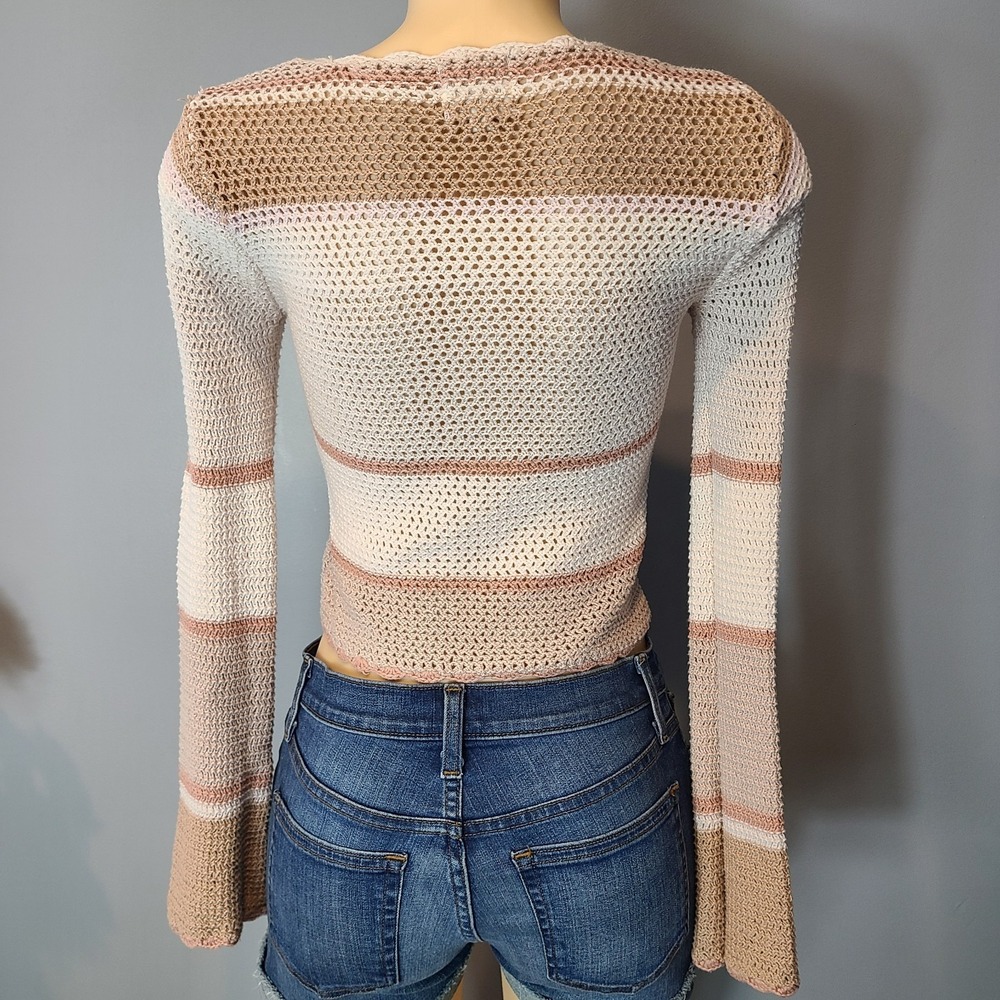 Crochet Flare Sleeve Sweater Y2K Sz M Granola Cottage Fairy Pink Ren Faire Boho - Picture 8 of 11